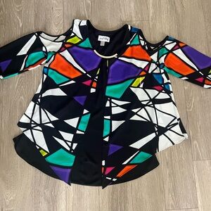 Joseph Ribkoff Tunic Top Womens 18 Cold Shoulder Vintage Colorful Abstract top